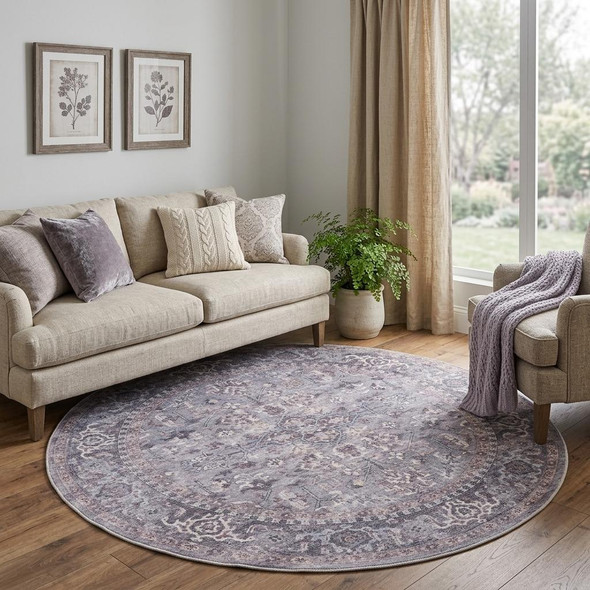8' Gray Round Floral Power Loom Distressed Area Rug
