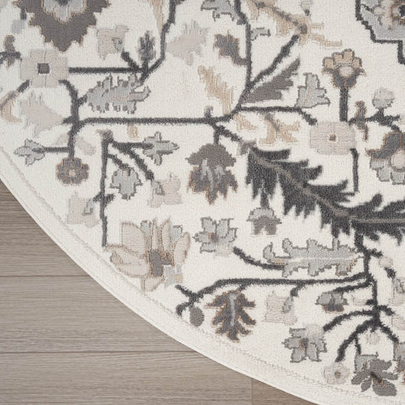 5' Ivory Black and Gray Floral Medallion Non Skid Round Rug