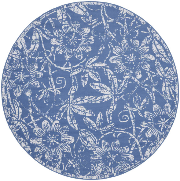 5' Blue And Ivory Floral Distressed Round Rug