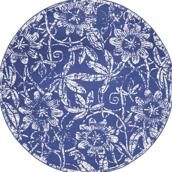5' Blue And White Floral Distressed Round Rug