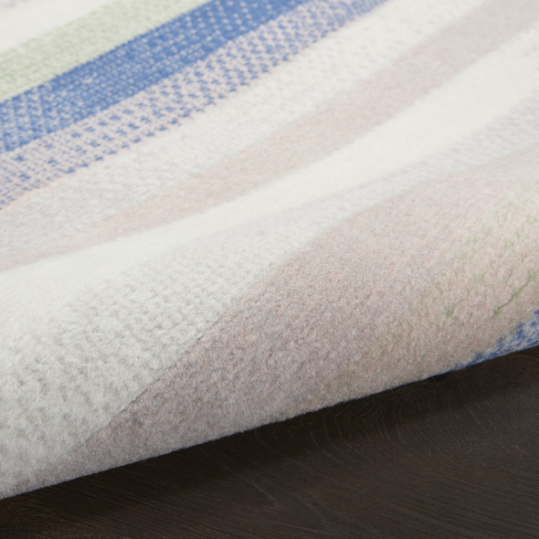 5' Ivory Tan and Blue Striped Round Rug