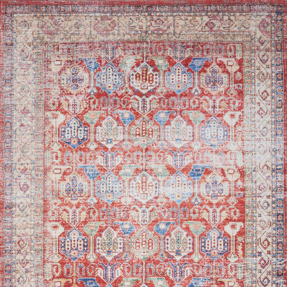 5' X 7' Ivory Red And Blue Oriental Distressed Non Skid Area Rug