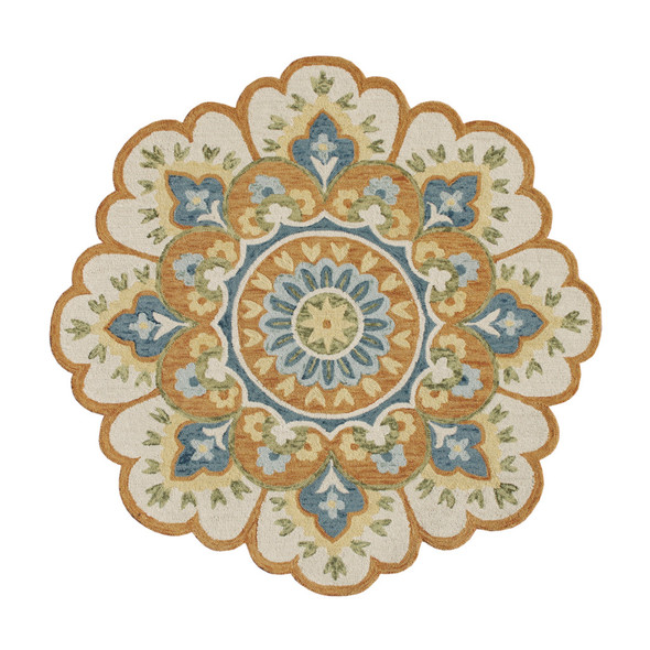 6' Orange and Blue Round Wool Floral Hand Tufted Area Rug