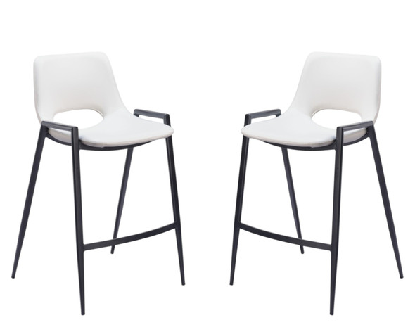 Set of Two 26" White and Black Faux Leather and Steel Low Back Counter Height Bar Chairs