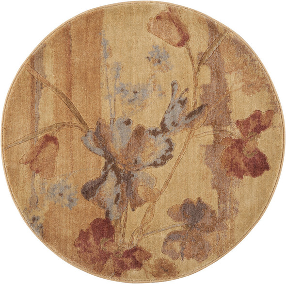 4' Beige Red And Orange Floral Round Rug