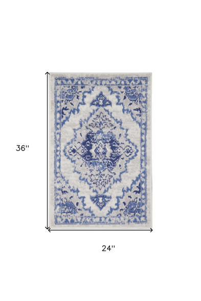 2' X 3' Ivory Blue and Gray Floral Medallion Area Rug