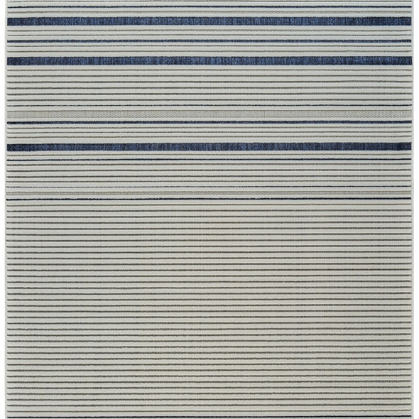 4' X 6' Blue and Cream Striped Distressed Indoor Outdoor Area Rug