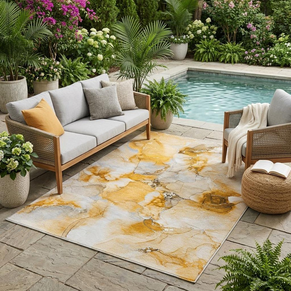 5' X 8' Orange and Ivory Abstract Washable Indoor Outdoor Area Rug