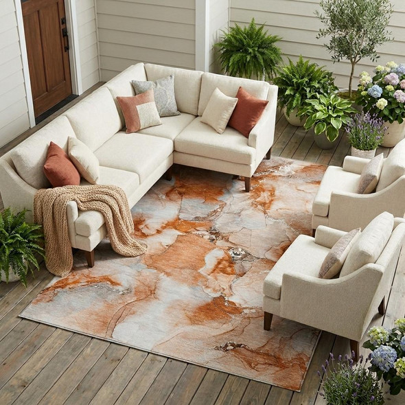 10' X 14' Orange and Ivory Abstract Washable Indoor Outdoor Area Rug