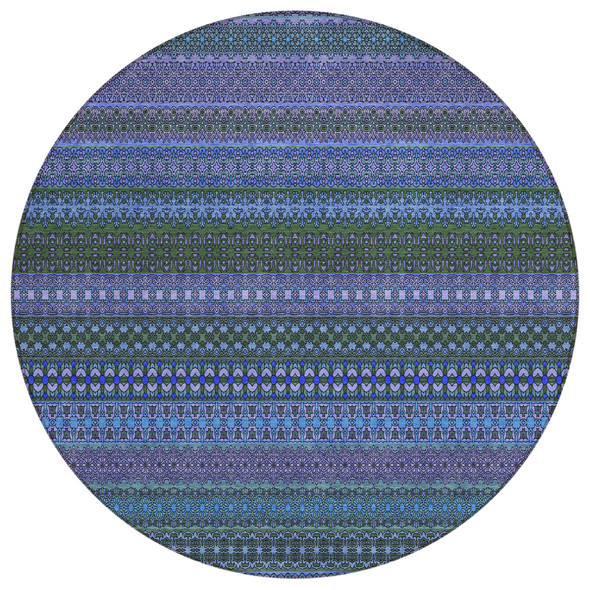 8' Round Blue and Green Round Striped Washable Non Skid Indoor Outdoor Area Rug