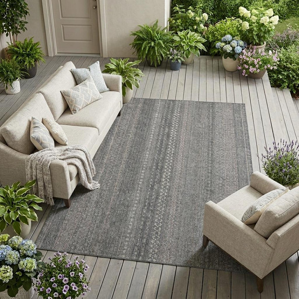 9' X 12' Gray Striped Washable Non Skid Indoor Outdoor Area Rug