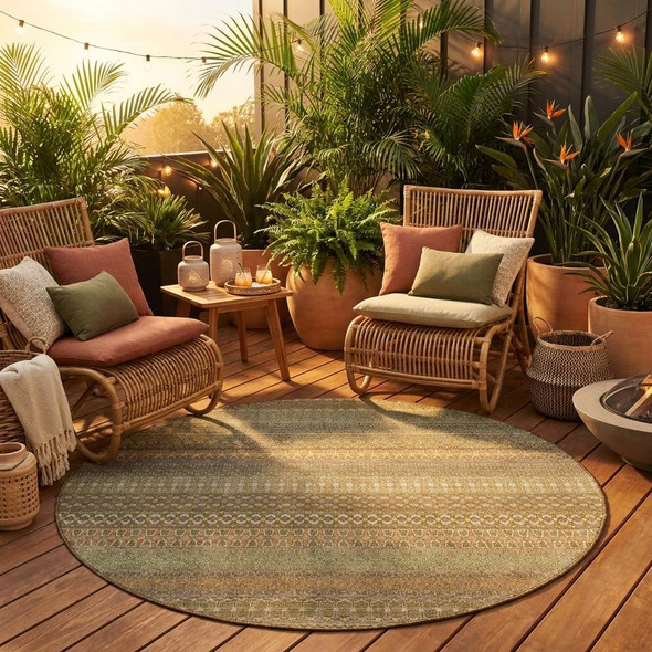 8' Round Khaki Round Striped Washable Non Skid Indoor Outdoor Area Rug