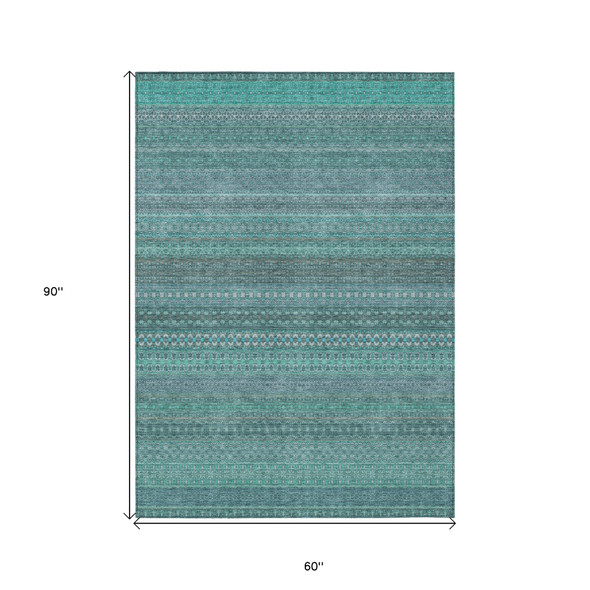 5' X 8' Turquoise Striped Washable Non Skid Indoor Outdoor Area Rug