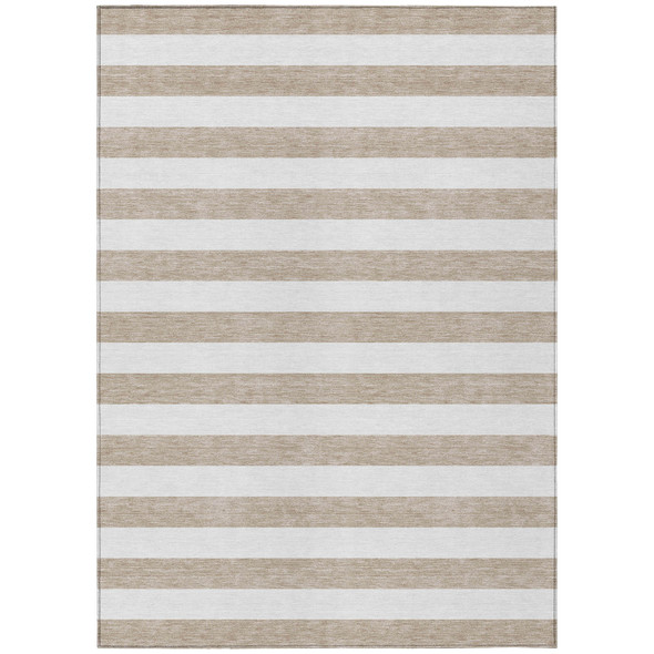 5' X 8' Taupe and White Striped Washable Indoor Outdoor Area Rug