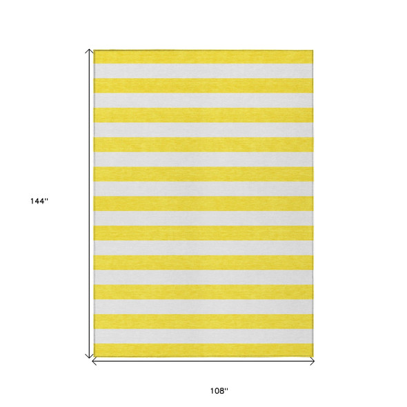 9' X 12' Yellow and White Striped Washable Indoor Outdoor Area Rug