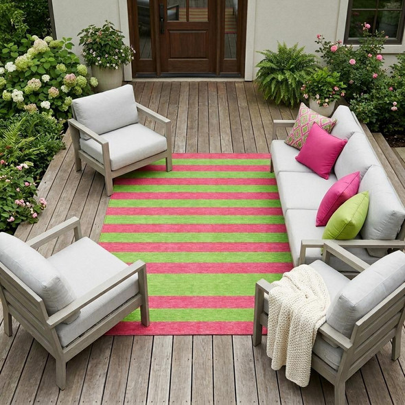 8' X 10' Green and Red Striped Washable Non Skid Indoor Outdoor Area Rug
