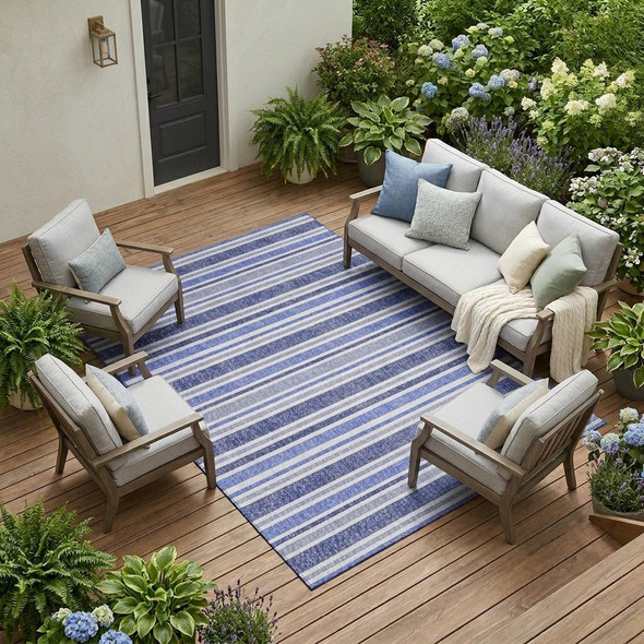 9' X 12' Blue Striped Washable Non Skid Indoor Outdoor Area Rug
