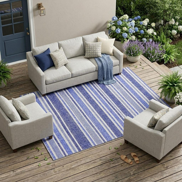 10' X 14' Blue Striped Washable Non Skid Indoor Outdoor Area Rug