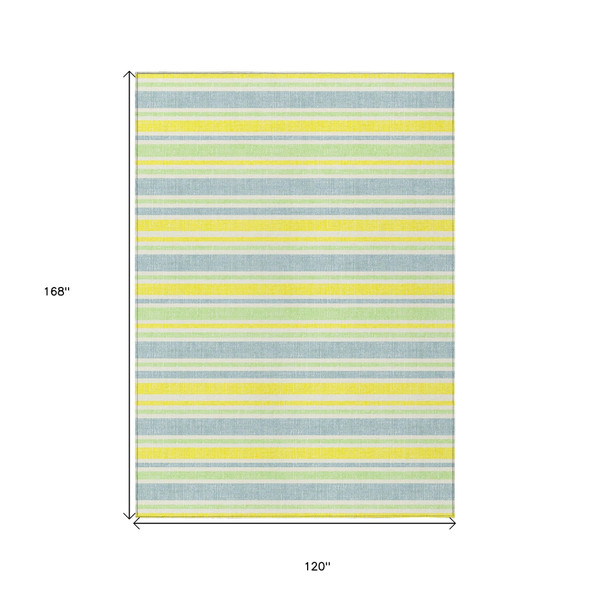 10' X 14' Blue and Yellow Striped Washable Non Skid Indoor Outdoor Area Rug