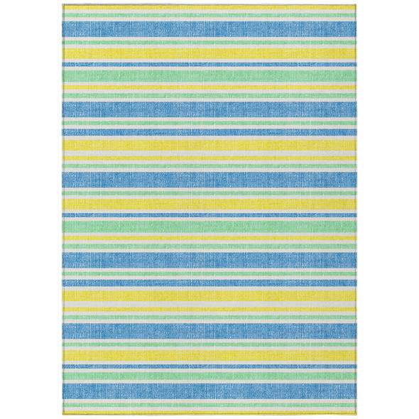 9' X 12' Blue Yellow and Green Striped Washable Non Skid Indoor Outdoor Area Rug