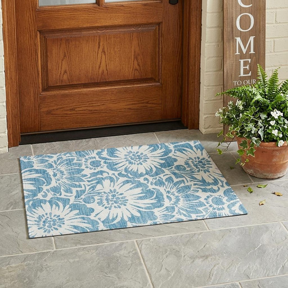 2' X 3' Denim and Ivory Floral Washable Non Skid Indoor Outdoor Area Rug