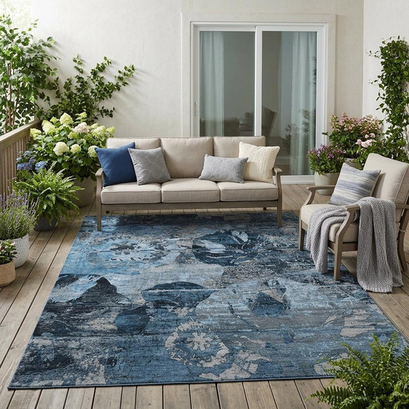 5' X 8' Blue And Dark Blue Floral Washable Indoor Outdoor Area Rug