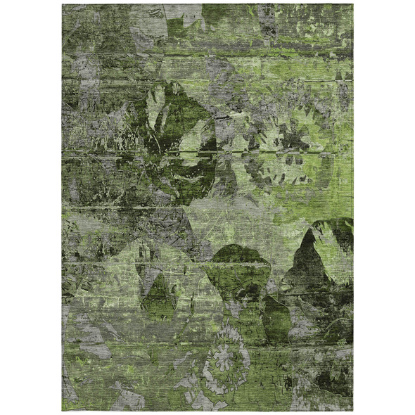 10' X 14' Green and Gray Floral Washable Non Skid Indoor Outdoor Area Rug