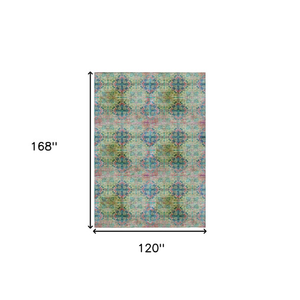 10' X 14' Blue and Green Floral Medallion Washable Non Skid Indoor Outdoor Area Rug
