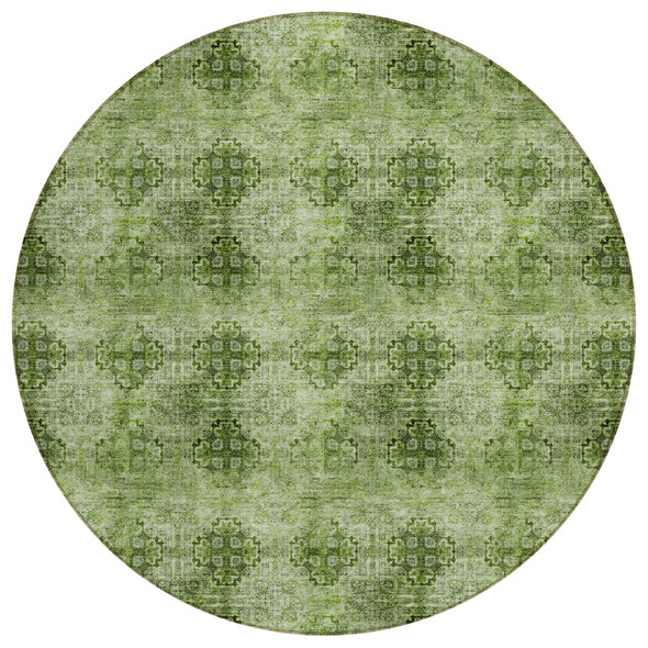 8' X 8' Olive Green Round Floral Medallion Washable Non Skid Indoor Outdoor Area Rug
