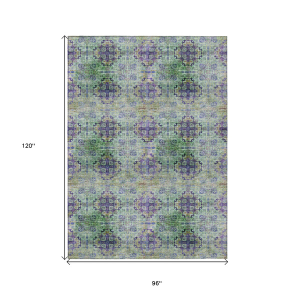 8' X 10' Purple and Green Floral Medallion Washable Non Skid Indoor Outdoor Area Rug