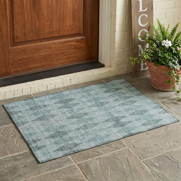 2' X 3' Teal Geometric Washable Non Skid Indoor Outdoor Area Rug