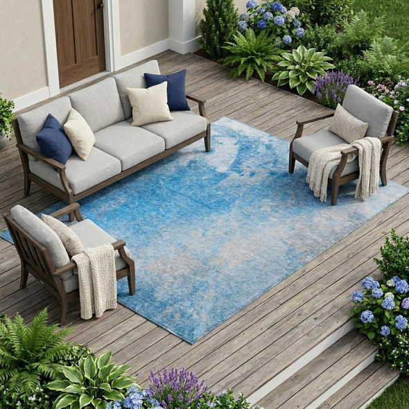 9' X 12' Blue And Gray Abstract Washable Indoor Outdoor Area Rug