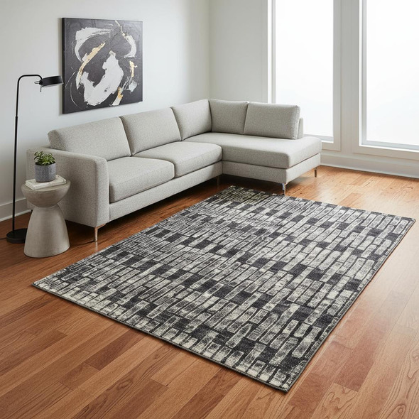 8' X 11' Gray and Black Geometric Power Loom Worn Faded Area Rug