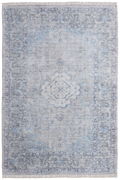 4' X 6' Gray Blue and Ivory Oriental Hand Woven Distressed Area Rug With Fringe