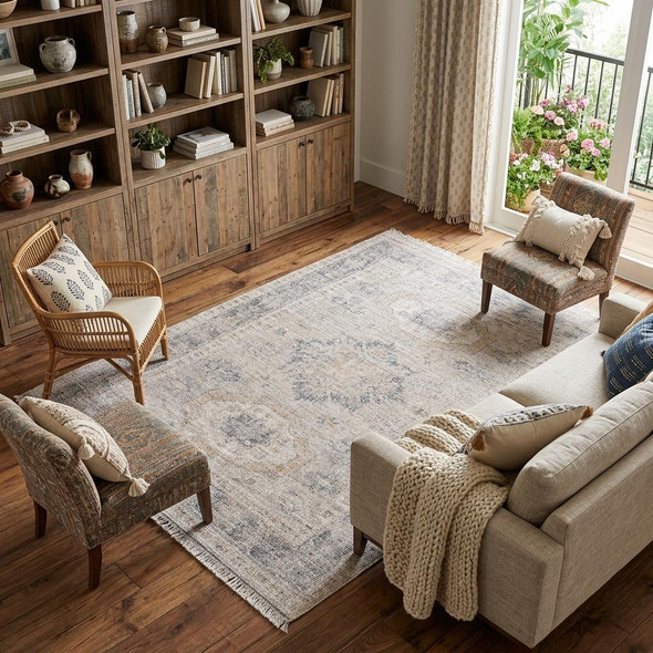 9' X 12' Tan and Gray Oriental Hand Woven Distressed Area Rug With Fringe