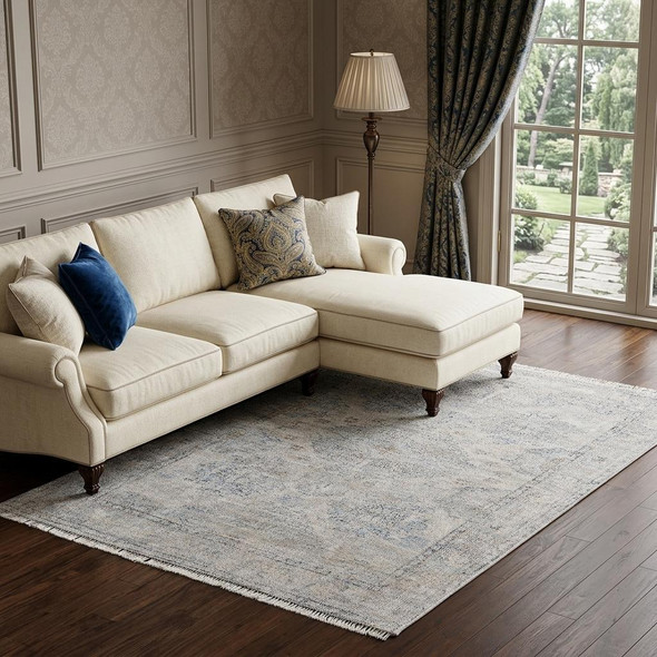 8' X 10' Gray Blue and Taupe Oriental Hand Woven Distressed Area Rug With Fringe