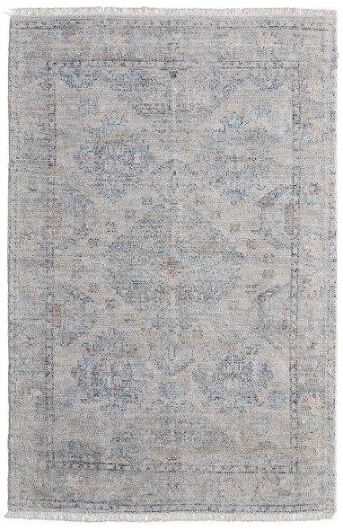 2' X 3' Gray Blue and Taupe Oriental Hand Woven Distressed Area Rug With Fringe