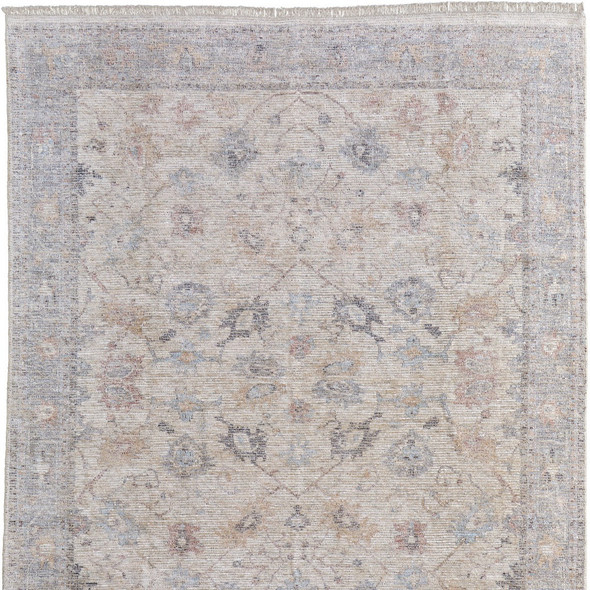 2' X 3' Ivory Tan and Blue Floral Hand Woven Distressed Area Rug With Fringe