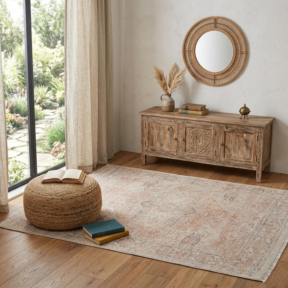 4' X 6' Tan Orange and Ivory Oriental Hand Woven Distressed Area Rug With Fringe