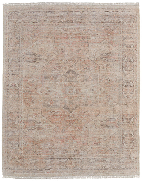 5' X 8' Tan Orange and Ivory Oriental Hand Woven Distressed Area Rug With Fringe