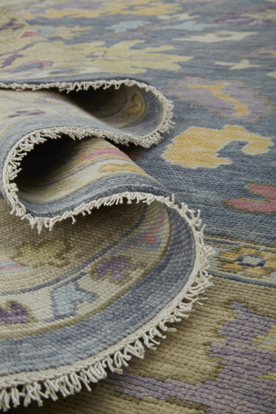 8' X 10' Gold Blue and Purple Wool Oriental Hand Knotted Area Rug With Fringe