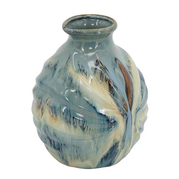 11" Blue Beige And Brown Abstract Round Ceramic Table Vase