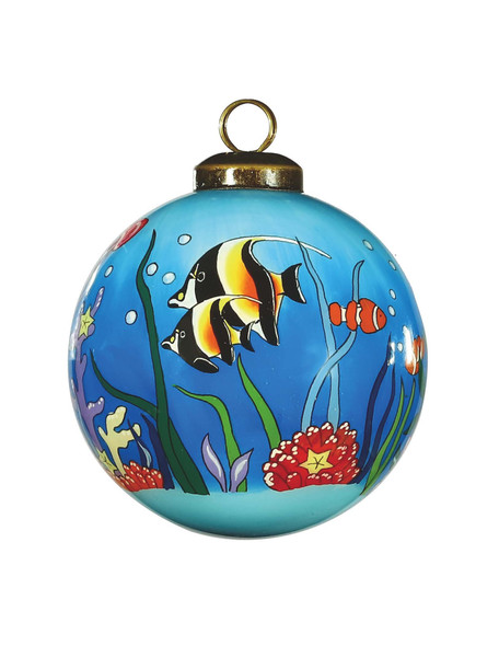 Tropical Fish Hand Painted Green Blue And Red Glass Ball Ornament