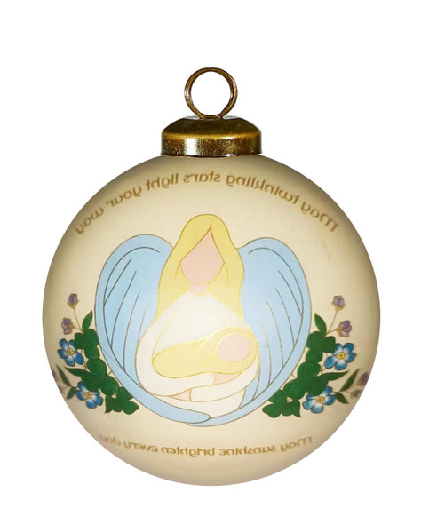 A blessing for Baby Irish Hand Painted Cream Light Blue And Yellow Glass Ball Ornament