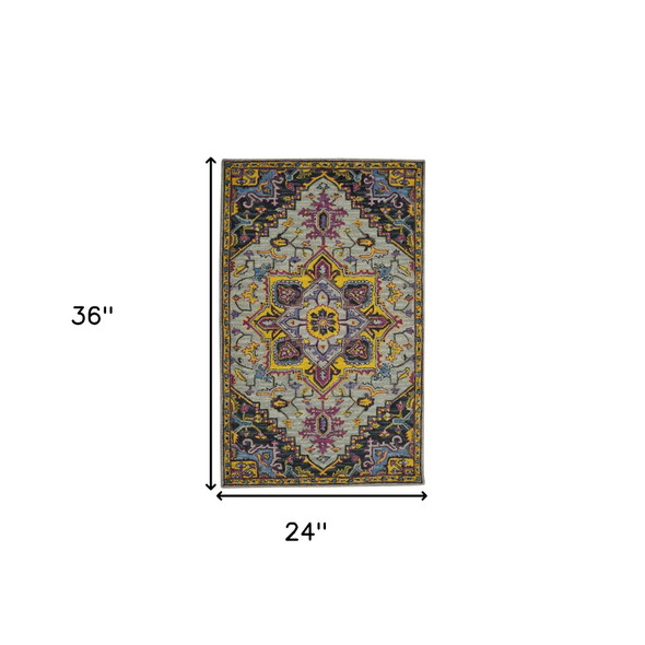 2' X 3' Gray Purple And Gold Wool Medallion Hand Tufted Area Rug