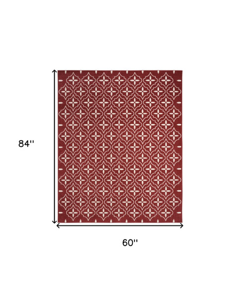 5' X 7' Brick Red And Ivory Geometric Indoor Outdoor Area Rug
