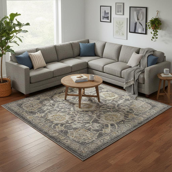 10' X 14' Gray Floral Distressed Area Rug