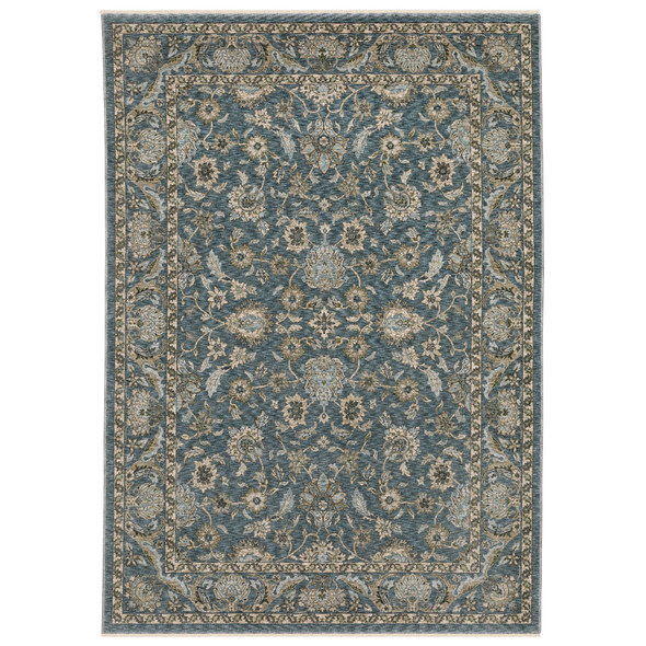 5' X 8' Blue And Beige Oriental Area Rug With Fringe