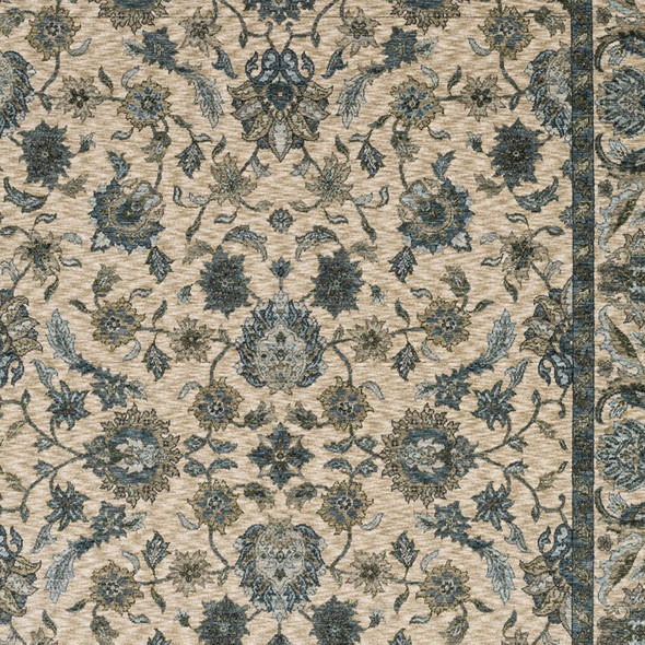 10' X 13' Beige And Blue Oriental Area Rug With Fringe