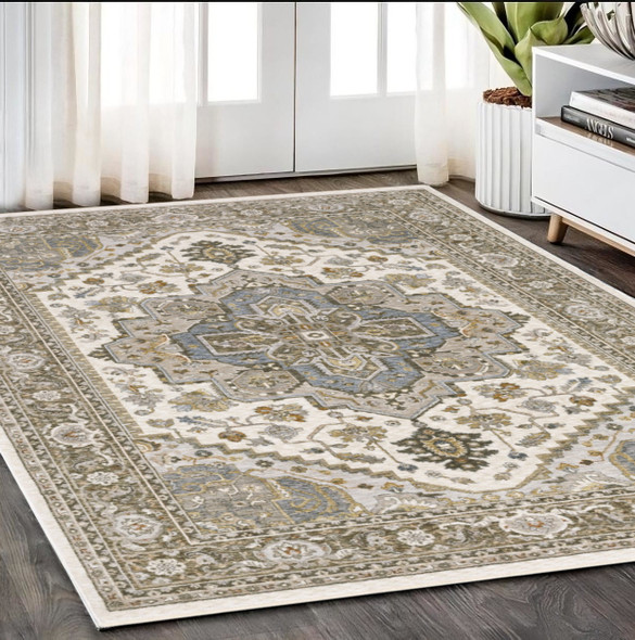 5' X 8' Ivory And Gold Medallion Distressed Area Rug With Fringe